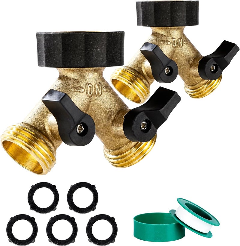Dalmbox Garden Hose Splitter 2 Way, Y Connector Brass Garden Hose Adapter, Water Hose Splitter, Double Shut Off Valve, Includes 5 Rubber Washers & Teflon Tape(2 pack) - Image 1